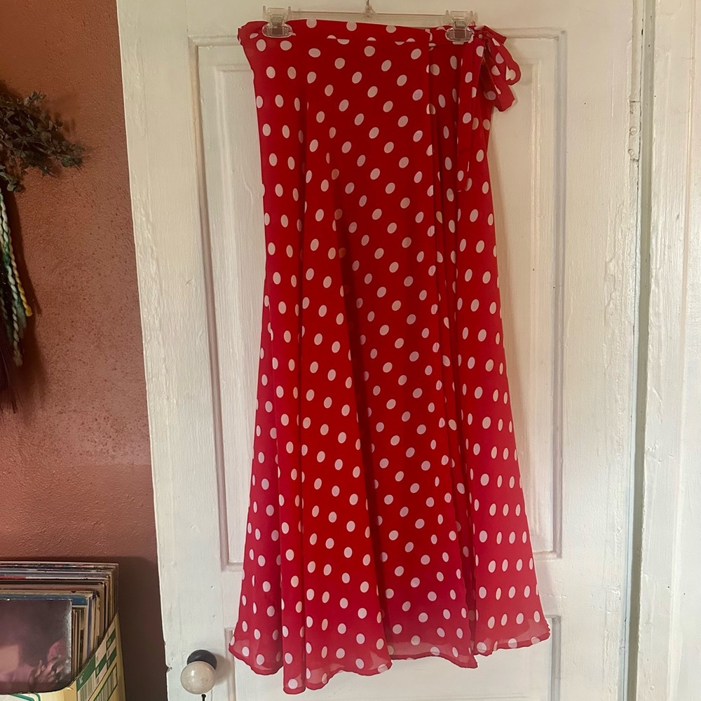 Express Red Polka Dot Wrap Maxi Skirt